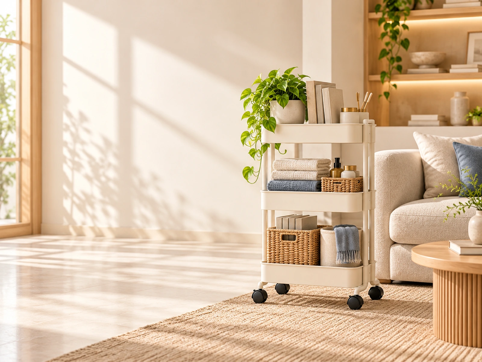 Organized modern living space with a rolling home storage cart
